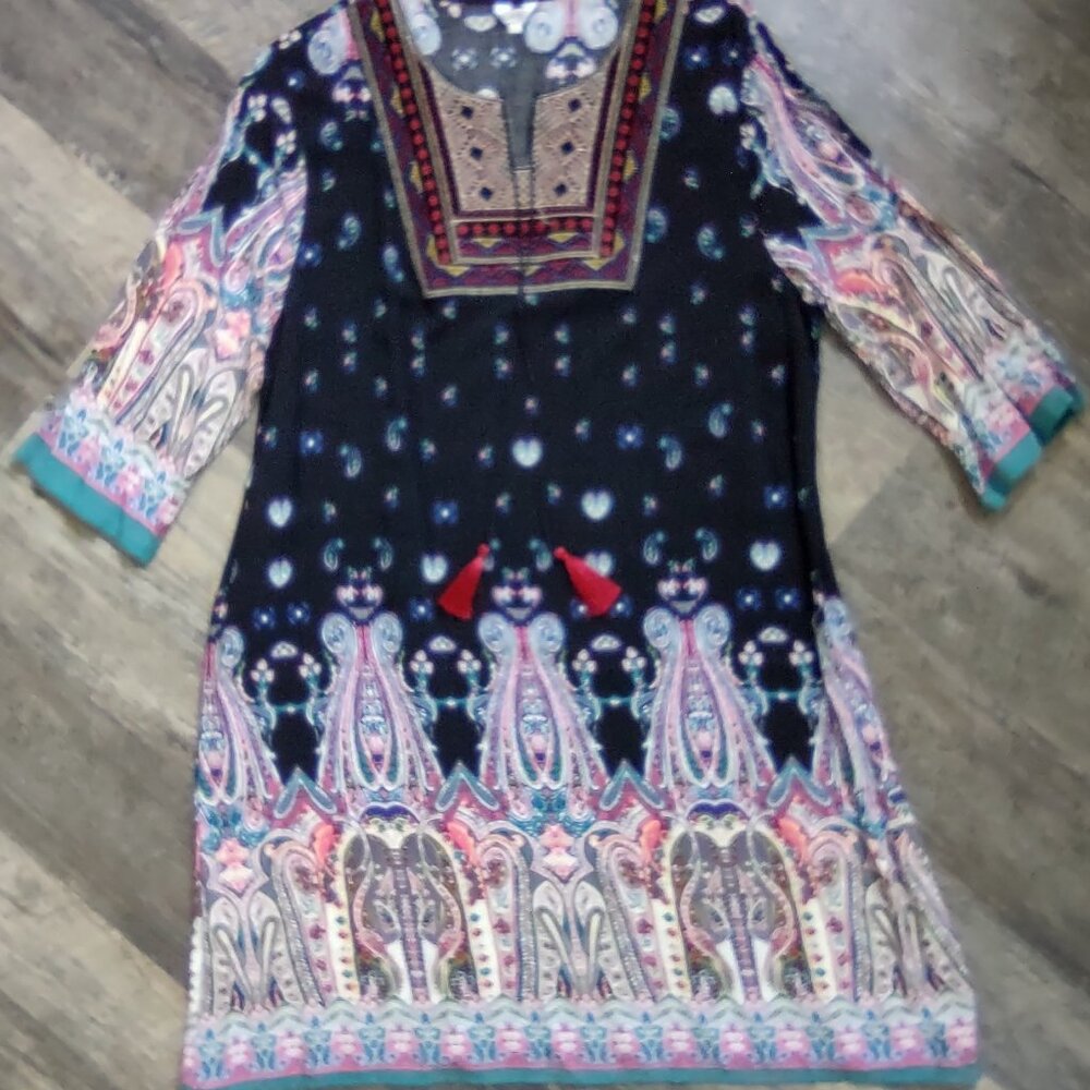 Measeor Womens Black Multiprint w/ Embroidery Neck-Chest BoHo Dress Sz XLg
